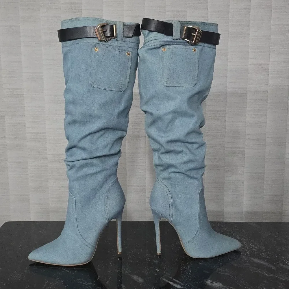 BRAND NEW SHOEDAZZLE BUCKLE OVER THE KNEE STILETTO HEEL WOMENS SLOUCH BOOTS